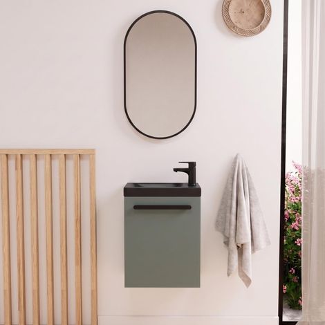 Conjunto de lavabo de pared Nevada con grifería negra y espejo ovalado (1/5)