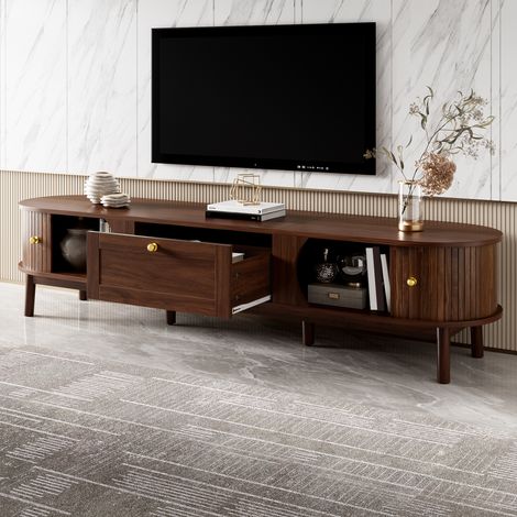 Mueble TV con 2 Cajones y 2 Puertas Correderas, Esquinas Redondeadas, Estilo Moderno, 170×39,5×38 cm, MDF, Nogal (1/5)