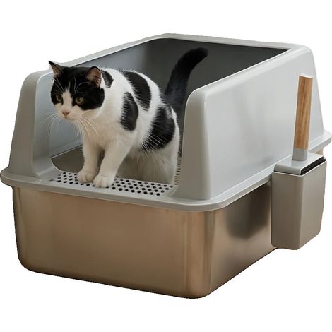 Bac à Litière pour Chat, Design à Bords Élevés, Comprend un Tapis à Litière et une Pelle, Argent (1/2)