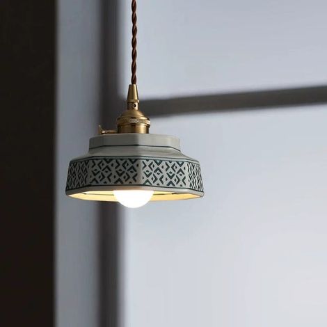 Suspension vintage en céramique avec ampoule, petit lustre, lampe de chevet LED, suspension en porcelaine, plafonnier, φ14cm, lumière chaude 3000K (1/5)