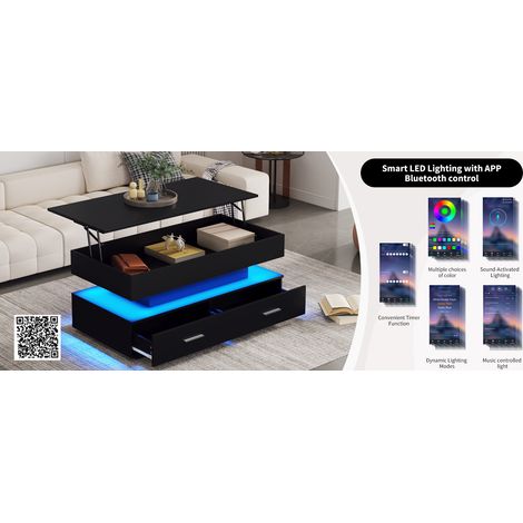 Table basse noire relevable à hauteur ajustable 100x50x44cm, avec éclairage LED, commande Bluetooth par application, 2 tiroirs et étagère ouverte