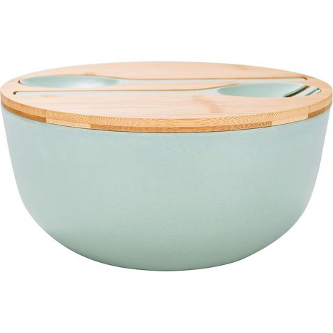 Bol para ensalada de fibra de bambú con juego para servir - Bols para mezclar grande de 25 cm. Bol de madera maciza de bambú con cuchara de bambú con tapa para frutas, ensaladas y guarniciones (azul v (1/4)