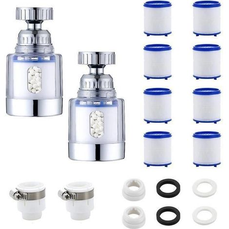 Lot de 2 filtres d'eau pour robinet – Anti-calcaire, rotatif à 360° – 8 éléments filtrants en coton (1/4)