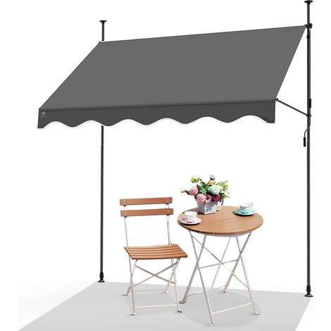 Store de jardin extensible manuellement, résistant aux UV, en acier et tissu polyester avec manivelle, sans perçage, télescopique, réglable en hauteur et en inclinaison, 300 cm, gris (1/5)