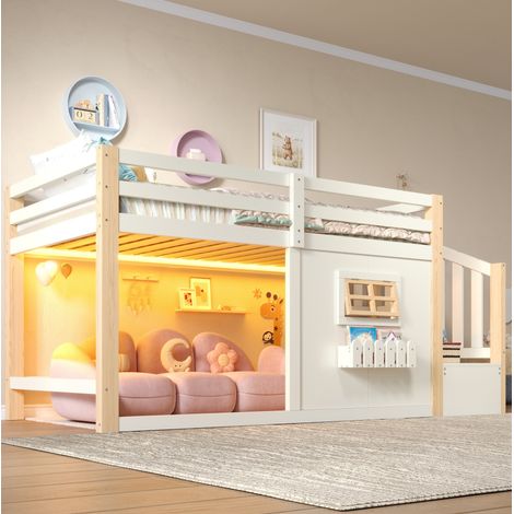 Hochbett 90x200 cm, Kiefernholz, Natur-Weiß – Mit Fenster, Stauraumtreppe, LED-Lichtleiste & durchgehenden Geländern (ohne Matratze) (1/5)