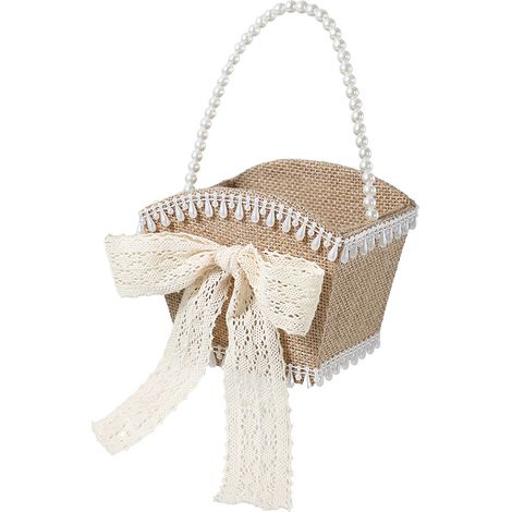 Panier de fleurs de style européen avec nœud en dentelle, panier cadeau pour demoiselle d'honneur, sac à main en lin et perles, panier de fleurs de style western pour petite fille d'honneur (1/2)