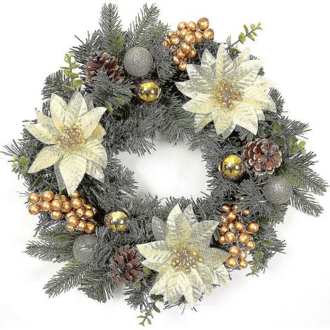 Couronne de Noël, décoration de porte avec boules, fleurs, baies et pommes de pin - Dorée 40 cm (1/5)