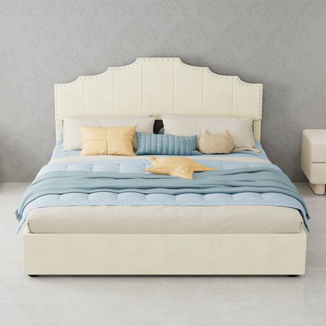 Lit moderne minimaliste moelleux 160x200 cm beige avec tête de lit douce, coffre hydraulique haut et rangement – cadre de lit multifonctionnel