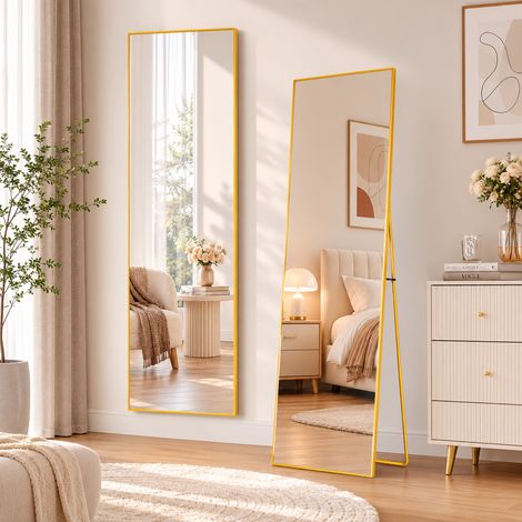 Miroir pleine longueur 173×63 cm,peut être fixé au mur,miroir carré sur pied,incassable HD verre trempé,miroir corps entier,support réglable,style moderne,cadre en métal,pour salon et chambre,Doré (1/5)