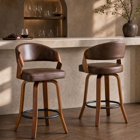Taburetes de bar con respaldo, juego de 2, 95 cm, estructura de madera, PU, marrón OKMYHOME (1/5)
