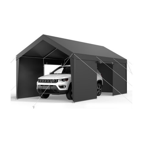 Tente Garage, 3,65 x 6,09 m, Carport Abri de Voiture Extérieur avec Parois Latérales Amovibles et Portes, Résistant aux UV et à l'Eau, Protection Toutes Saisons pour Automobile et Bateau, Gris (1/3)