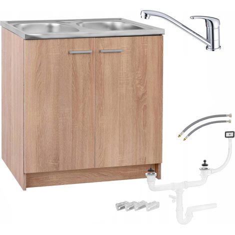 Meuble de Cuisine - 80 cm - Chêne Sonoma - Évier Double - Robinet Chromé - Fabrication Locale