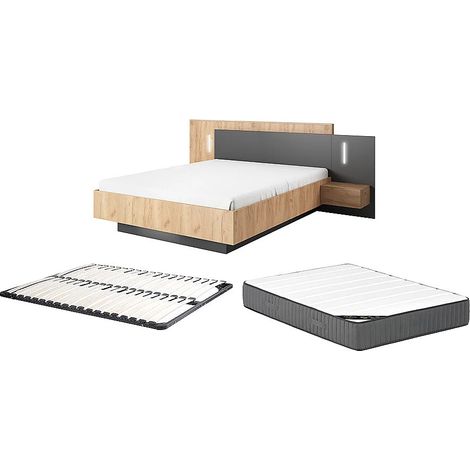 Lit avec chevets 140 x 190 cm - 2 tiroirs - Avec LEDs - Coloris : Naturel et anthracite + Sommier + Matelas Premium - FRANCOLI (1/5)