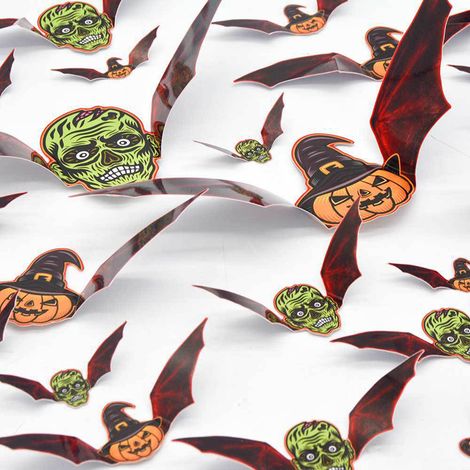 Lot de 24 stickers muraux 3D Halloween chauves-souris, citrouilles et zombies pour fenêtres, garage et décoration murale (sac) - Taille unique (1/5)