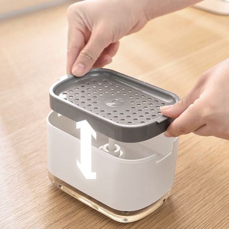 Distributeur de savon à pression, distributeur de détergent pour cuisine, dispositif de distribution manuel, distributeur de savon à pression pour éponge, blanc. (1/5)