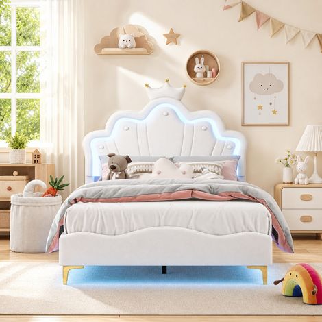 Lit Princesse 140x190 cm, lit enfant rembourré PU blanc avec tête de lit couronne LED, sommier à lattes, pour chambre de fille moderne