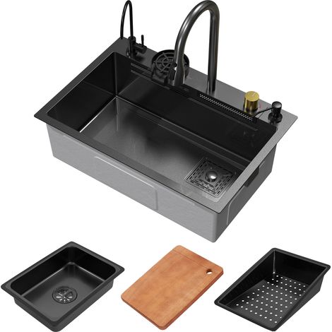ML-Design Spülbecken Edelstahl 68x46 cm Anthrazit, Multifunktionale Küchenspüle rechteckig, Wasserfall Edelstahlspüle, Einbauspüle mit ausziehbarem Wasserhahn und anderem Zubehör, 1 Becken Waschbecken