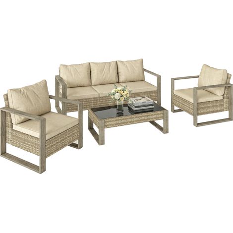 Outsunny 4 Seater Rattan Garden Furniture Set with Non-slip Mats, Khaki