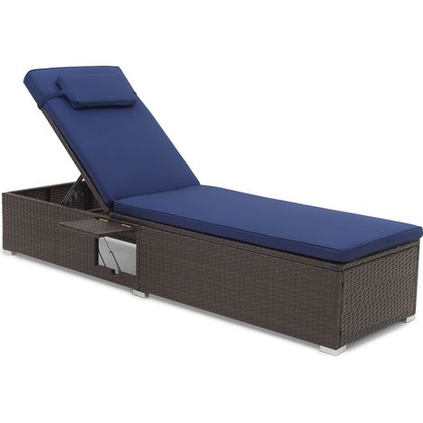 COSTWAY Patio Chaise Lounge Outdoor PE Rattan Lounge Chair-Navy (1/5)