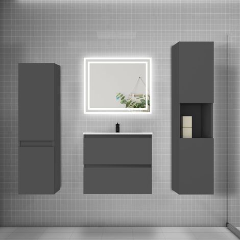 Ensemble meuble de salle de bains 60cm, vasque et colonne et LED miroir,anthracite (1/5)