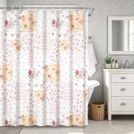 Cortina de ducha rosa con estampado floral, ganchos, impermeable, diseño vintage de patchwork con flores silvestres, estilo rústico romántico, 180 x 180 cm. (1/4)