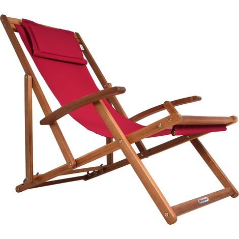 CASARIA® Folding Wooden Deck Chair with Armrests and Neck Pillow  Solid Acacia Wood Frame  Resilient 160kg Capacity  Foldable Adjustable Headrest Breathable Garden Sun Lounger  Red (1/5)