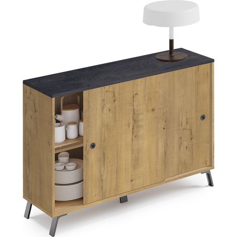 Pegane – Buffet 2 portes chêne doré/marbre – Dimensions 87x120x40 cm – Panneaux mélamine haute densité – Fabrication espagnole certifiée PEFC