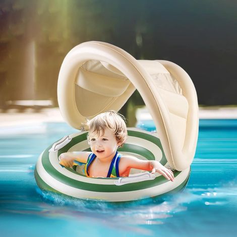Flotador para bebés - Asiento de natación para niños pequeños - Juego seguro en el agua - Toldo ajustable - 57x49cm - Verde (1/5)