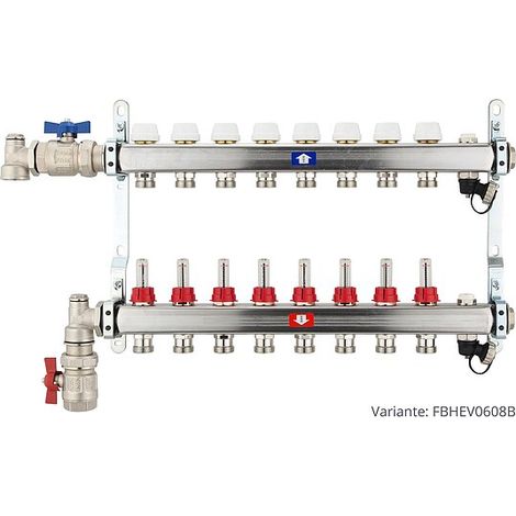Fußbodenheizungsverteiler aus Edelstahl mit Topmeter für 8 Heizkreise - mit Anschlussset senkrecht (1/3)