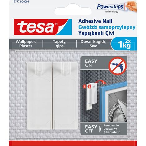 Ganci adesivi TESA per appendere quadri fino a 1 kg, ideali per carta da parati e intonaco bianco, confezione da 2 pezzi.