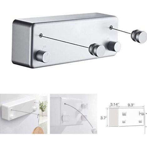 T-Corde à linge rétractable pour intérieur et extérieur, 2 fils à linge de 13.8Feet en acier inoxydable, Pas besoin de percer des trous fixation murale - Blue Grey (1/4)