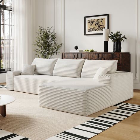 Canapé d'angle convertible 270x175x83 cm – canapé l xl 3 places avec méridienne à droite assise moelleuse – velours côtelé – blanc (1/5)