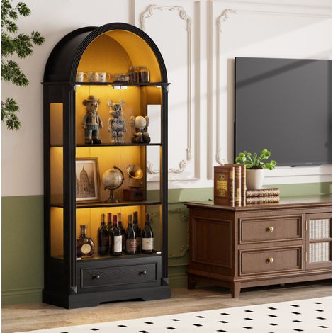 Vitrina 80x35x180 cm de MDF y vidrio negro con LED y cajones para salón - MEUBLIV (1/5)