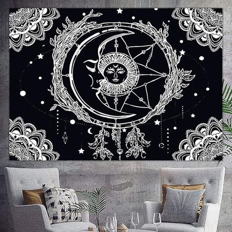 Soleil et Lune Tenture Murale Psychedelique Tapisserie, Drap Mural Mandala Wall Tapestry Aesthetic Tarot Psychedelic Tapis Mural Tissu Art Decoration pour Chambre Salon, 200x150 cm (Noir ) (1/5)
