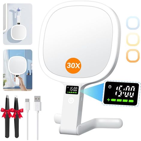 Doppelseitiger Vergrößerungsspiegel (1x/30x), LED-Anzeige und zwei Bedienelemente, 2500-mAh-Akku, 3 Beleuchtungsfarben, LED-Spiegel mit Pinzette für Reisen/Büro/Schlafzimmer (1/5)