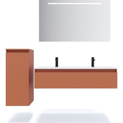 Meuble de salle de bain suspendu double vasque intégrée 120cm 1 tiroir Terracotta + miroir + colonne ouverture gauche - Hudson (1/5)