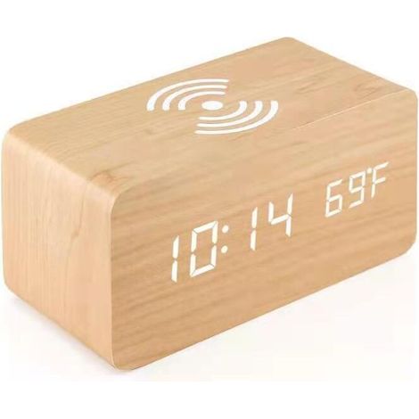 Réveil en bois avec chargeur sans fil Qi compatible avec iPhone Samsung Horloge numérique LED en bois Fonction de contrôle du son, heure, date, affichage de la température pour chambre à