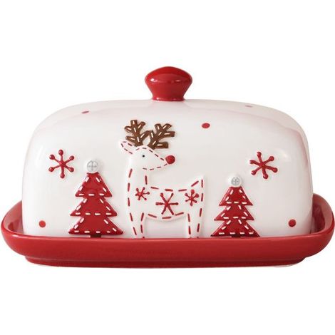 Beurrier en céramique avec couvercle, motif rennes de Noël style nordique — (1/5)