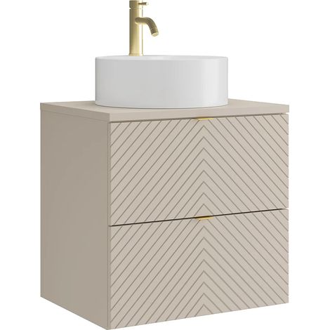 Meuble de salle de bain suspendu avec vasque à poser ronde et robinet - Beige - 60 cm - DORIONI (1/5)