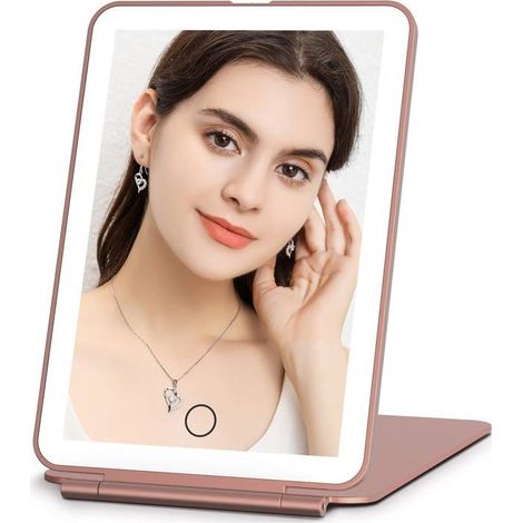 ®RisingFF Miroir de maquillage LED portable, 3 couleurs de lumière, écran tactile à intensité variable, pliable (rose) (1/5)