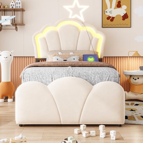 Lit capitonné (90 x 200 cm), rangement hydraulique, éclairage LED, compartiments de rangement dans la tête de lit, motif floral, revêtement en velours et prises électriques intégrées, beige (1/4)
