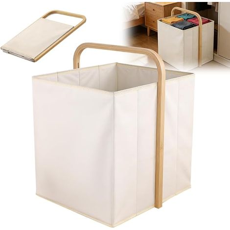 Panier de Rangement 58L Pliable Cube avec Armature Bambou Vêtements Dressing Jouets Salle de Bain Tissu Oxford 600D 32 x 32 x 50 cm Panier à Linge Blanc Crème (1/5)