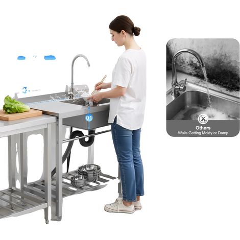Fregadero de cocina de acero inoxidable, 80 x 55 x 84 cm, monocubo, independiente, capacidad de carga de 100 kg. (1/5)