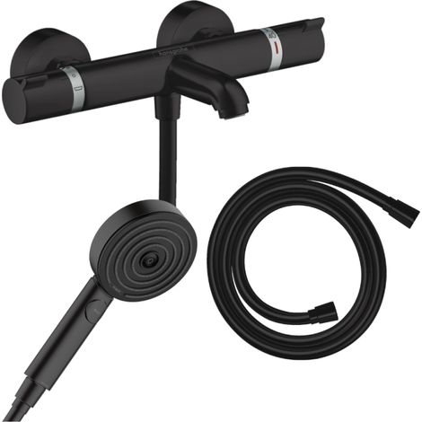 HANSGROHE Pack mezclador termostático para baño-ducha Ecostat Comfort + flexo Isiflex + rociador Pulsify Select 3jets Relaxation en negro mate