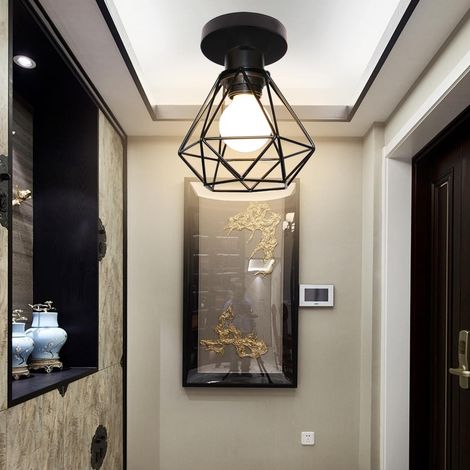 Plafonnier Industrielle Vintage Lampe de Plafond en Cage Diamant Luminaire Suspension en Métal E27 pour Couloir Escalier Chambre Noir (1/5)