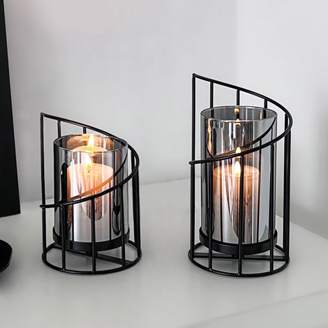 2er-Set schwarze Windlichter – schwarze Kerzenhalter – Stumpenkerzen mit transparentem Glasmantel – elegante Tischdekoration – Hochzeiten – 2-teilig (1/5)