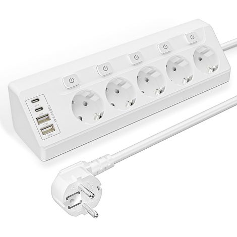 Multiprise avec Interrupteur, 5 Prise Plan de Travail Cuisine, Multiprise Angle 2m avec 2 Ports USB A et 2 Ports USB C (1/5)