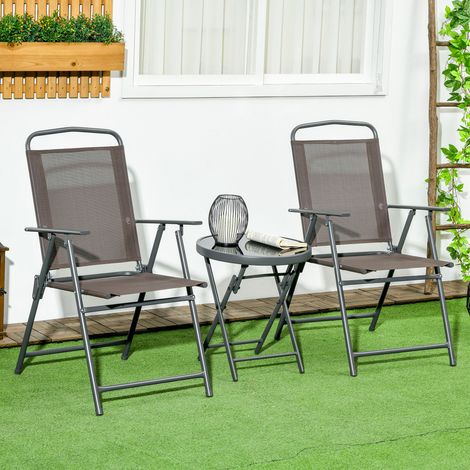 Bistro-Set 3-teilig aus Metall Wetterfest Gartenmöbel Set mit klappbar Glastisch Gartenstühlen Braun