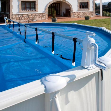 GRE – Enrouleur de bâche de piscine hors sol – Tube métallique 6,5m – Manivelle et supports inclus – Pour piscines rondes et ovales