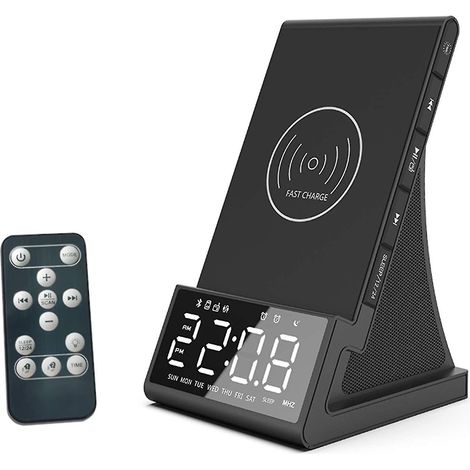 Radio-réveil sans fil pour chambre à coucher, avec haut-parleur Bluetooth, chargeur USB, détection de température, double alarme, fonction snooze et luminosité réglable sur 4 niveaux.